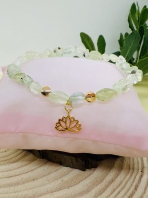 Pulsera Prehnita con Baño Oro con Flor de Loto