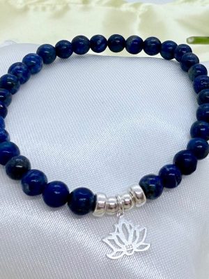 Pulsera Lapislazuli 6mm con Plata Flor de Loto