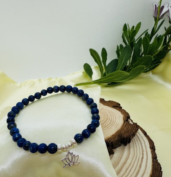 Pulsera Lapislazuli 6mm con Plata Flor de Loto