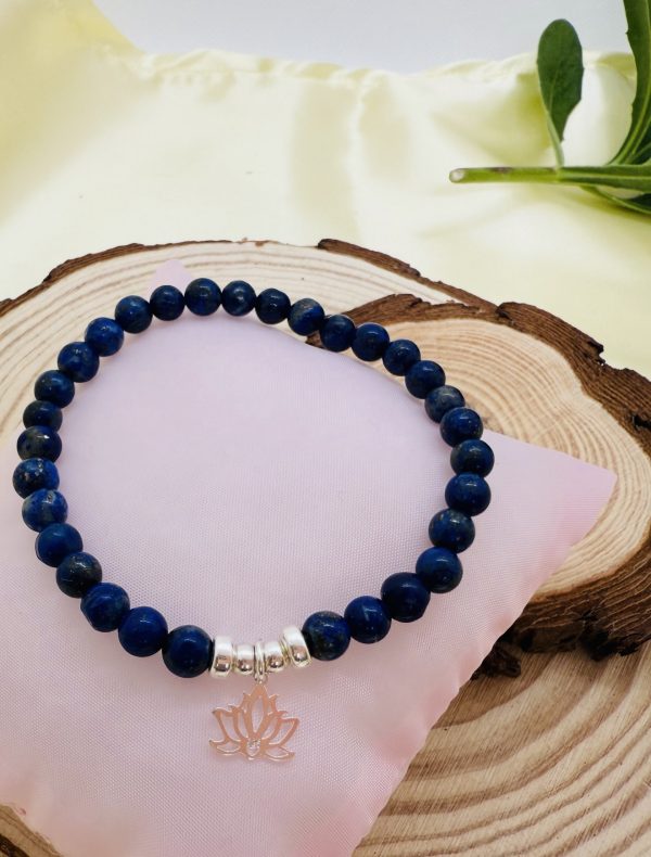 Pulsera Lapislazuli 6mm con Plata Flor de Loto