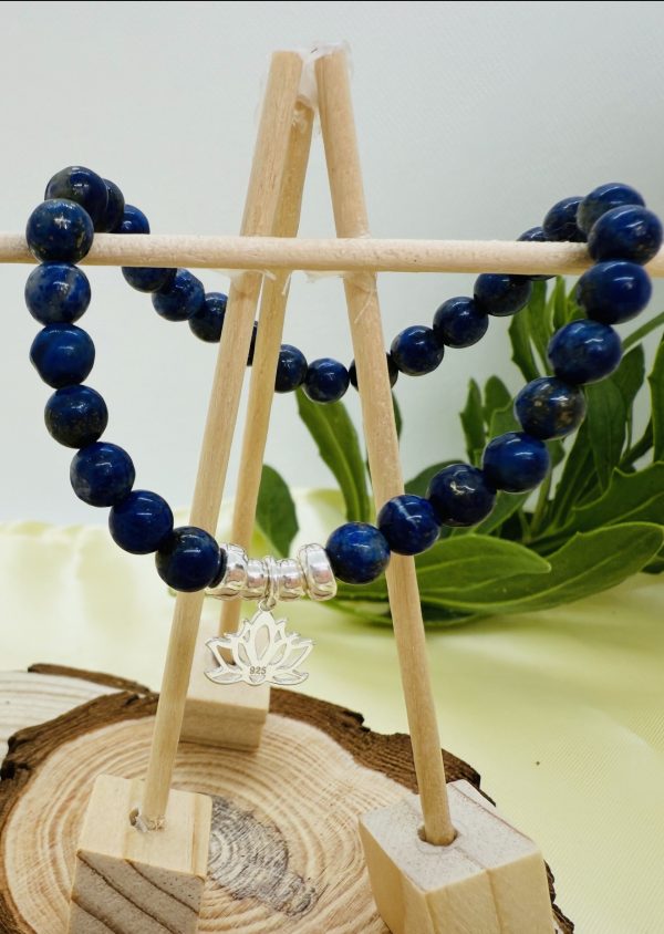 Pulsera Lapislazuli 6mm con Plata Flor de Loto
