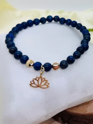 PN 0004 - Foto 1 Pulsera Lapislazuli 6mm con Flor de Loto con Baño Oro 18k