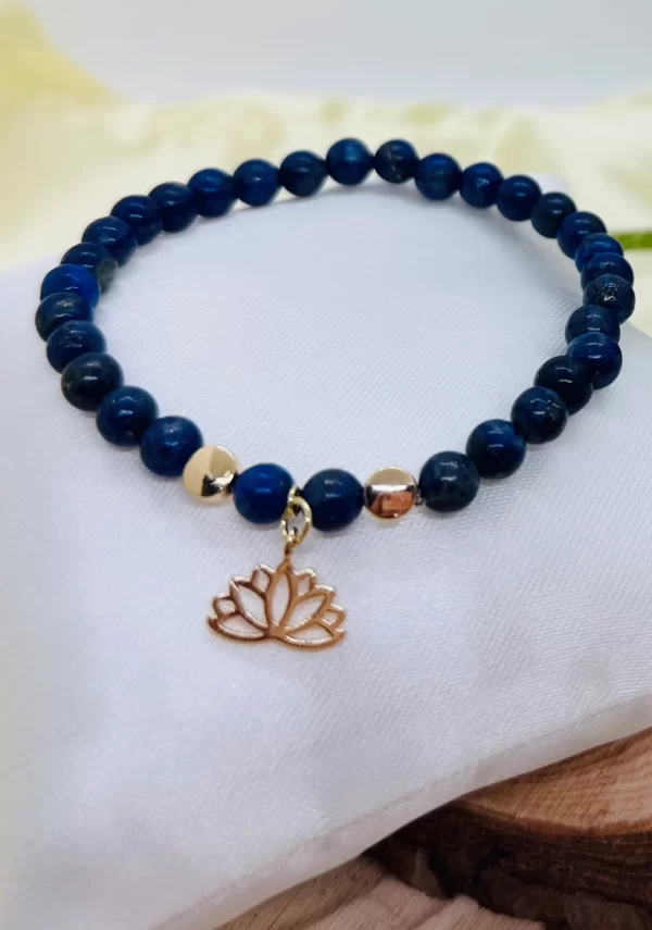 PN 0004 - Foto 1 Pulsera Lapislazuli 6mm con Flor de Loto con Baño Oro 18k