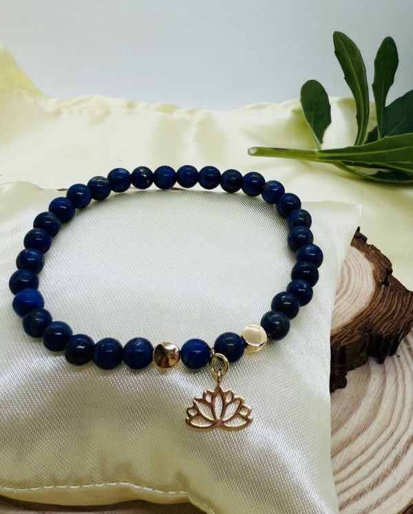 PN 0004 - Foto 3 Pulsera Lapislazuli 6mm con Flor de Loto con Baño Oro 18k
