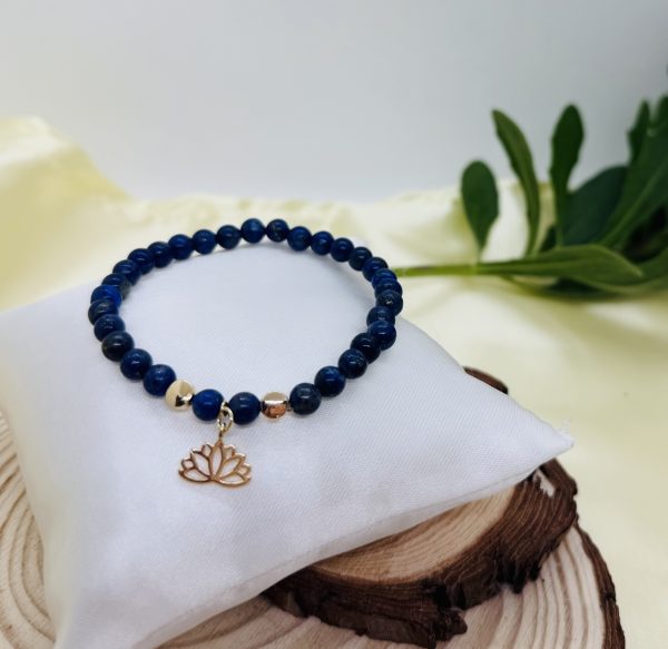 PN 0004 - Foto 4 Pulsera Lapislazuli 6mm con Flor de Loto con Baño Oro 18k