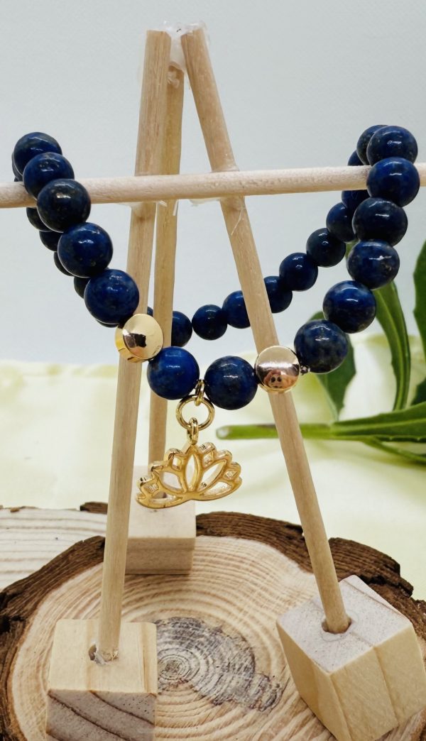PN 0004 - Foto 5 Pulsera Lapislazuli 6mm con Flor de Loto con Baño Oro 18k