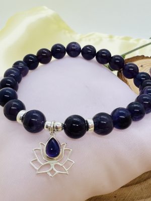 Pulsera Amatista 8 mm con Plata con Flor de Loto con Amatista