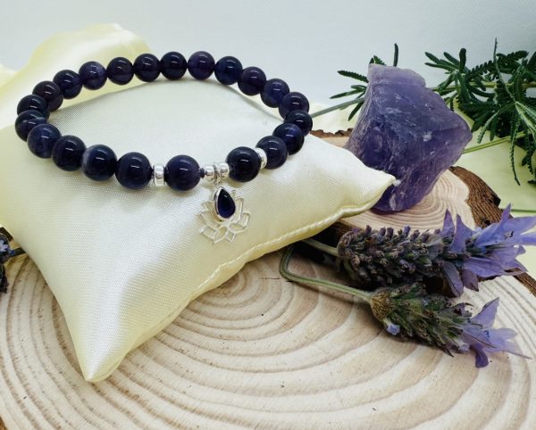Pulsera Amatista 8 mm con Plata con Flor de Loto con Amatista