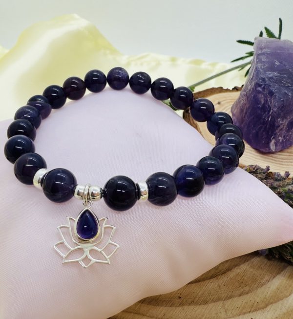 Pulsera Amatista 8 mm con Plata con Flor de Loto con Amatista