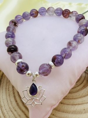 Pulsera Cuarzo Rutilado Morado con Plata con Flor de Loto con Amatista