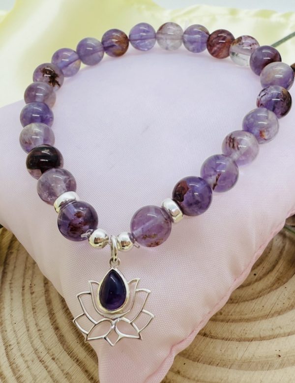 PN 0008 - Foto1 Pulsera Cuarzo Rutilado Morado con Plata con Flor de Loto con Amatista
