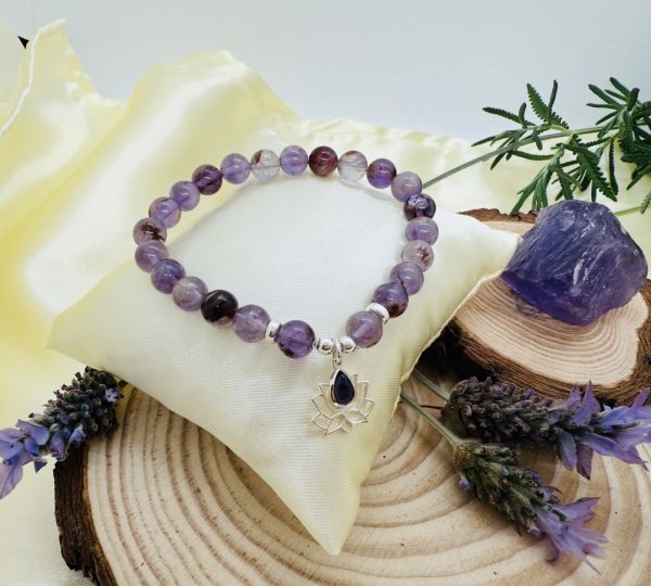 PN 0008 - Foto2 Pulsera Cuarzo Rutilado Morado con Plata con Flor de Loto con Amatista