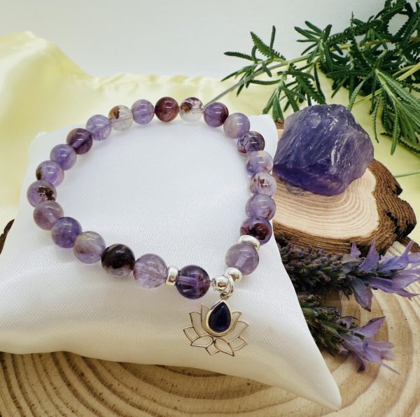 PN 0008 - Foto3 Pulsera Cuarzo Rutilado Morado con Plata con Flor de Loto con Amatista