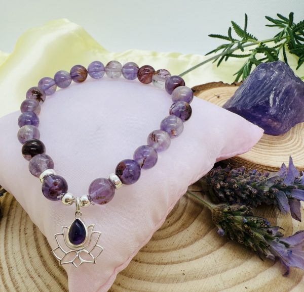 PN 0008 - Foto4 Pulsera Cuarzo Rutilado Morado con Plata con Flor de Loto con Amatista