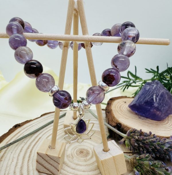 PN 0008 - Foto5 Pulsera Cuarzo Rutilado Morado con Plata con Flor de Loto con Amatista
