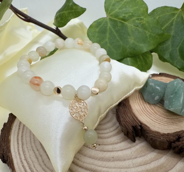 Pulsera de Jade Natural Palegoldenrod con Baño Oro con una Mandala