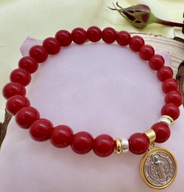 PN 0020 - Foto1 Pulsera Jade Rojo 8mm con Plata y Baño en Oro San Benito