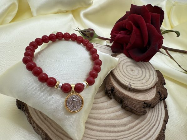 PN 0020 - Foto2 Pulsera Jade Rojo 8mm con Plata y Baño en Oro San Benito