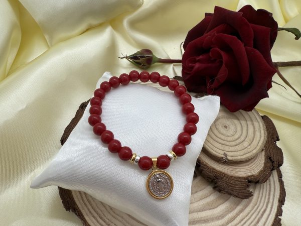 PN 0020 - Foto3 Pulsera Jade Rojo 8mm con Plata y Baño en Oro San Benito