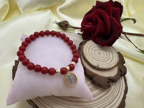 PN 0020 - Foto4 Pulsera Jade Rojo 8mm con Plata y Baño en Oro San Benito