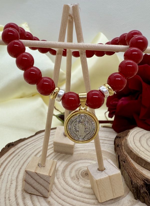 PN 0020 - Foto5 Pulsera Jade Rojo 8mm con Plata y Baño en Oro San Benito