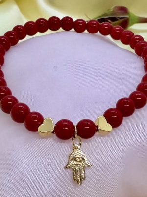 PN 0023 - Foto1 Pulsera Jade Rojo 6 mm con Baño de Oro Mano de Fatima