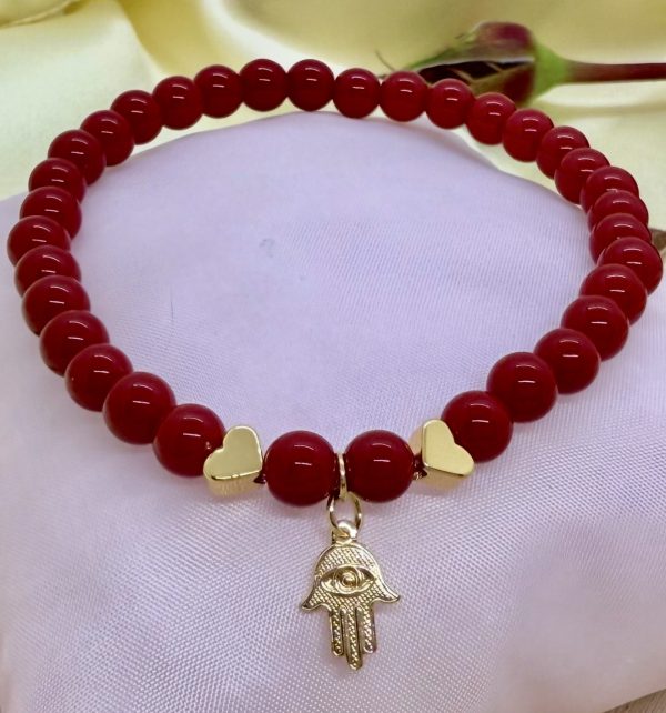 PN 0023 - Foto1 Pulsera Jade Rojo 6 mm con Baño de Oro Mano de Fatima