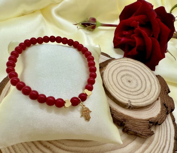 PN 0023 - Foto2 Pulsera Jade Rojo 6 mm con Baño de Oro Mano de Fatima