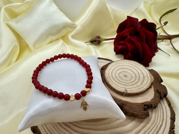 PN 0023 - Foto3 Pulsera Jade Rojo 6 mm con Baño de Oro Mano de Fatima