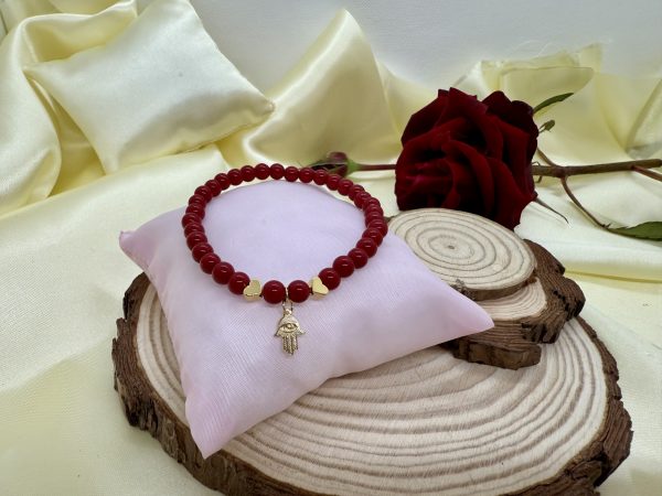 PN 0023 - Foto4 Pulsera Jade Rojo 6 mm con Baño de Oro Mano de Fatima