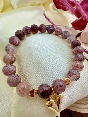 Pulsera Cuarzo Cherry Blossom 8mm con Baño Oro Corazón