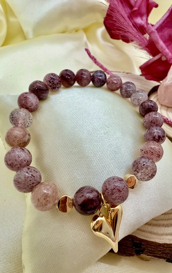 Pulsera Cuarzo Cherry Blossom 8mm con Baño Oro Corazón