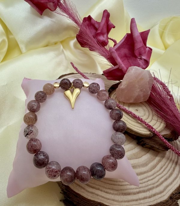 Pulsera Cuarzo Cherry Blossom 8mm con Baño Oro Corazón