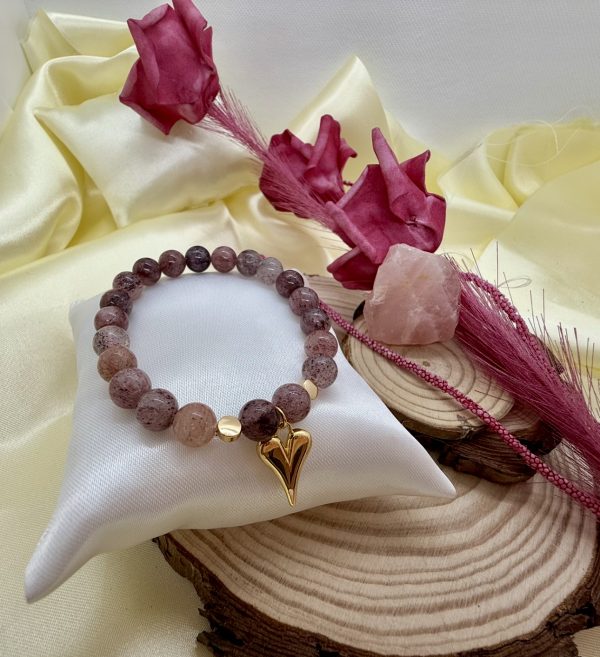 Pulsera Cuarzo Cherry Blossom 8mm con Baño Oro Corazón