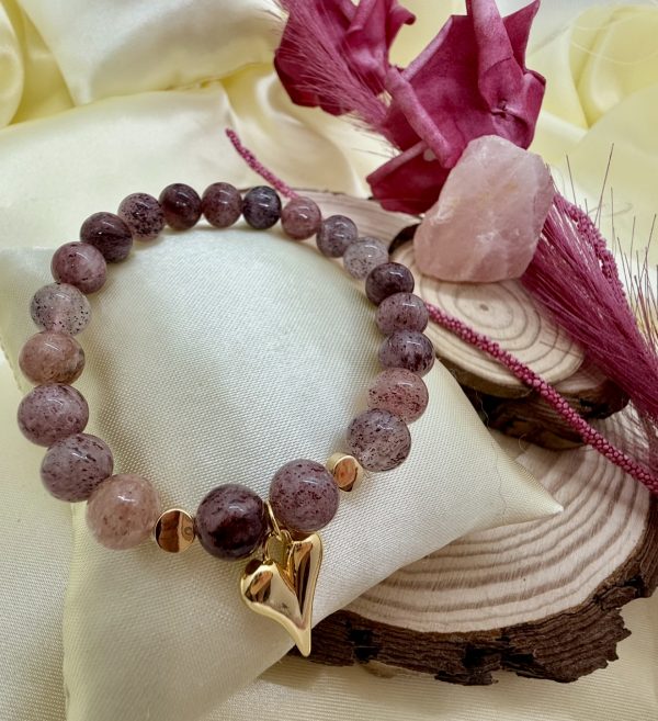 Pulsera Cuarzo Cherry Blossom 8mm con Baño Oro Corazón