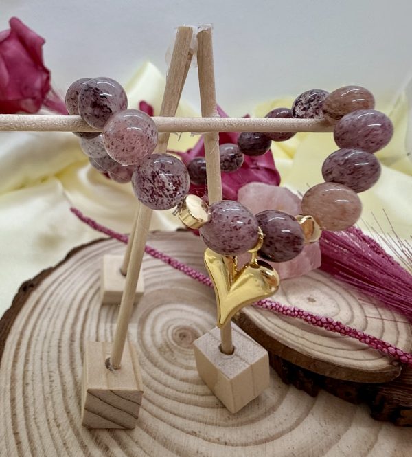 Pulsera Cuarzo Cherry Blossom 8mm con Baño Oro Corazón