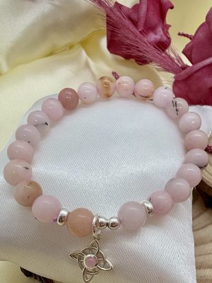Pulsera Ópalo Rosado 8 mm con Plata Nudo Bruja con engarce de Cuarzo Rosa