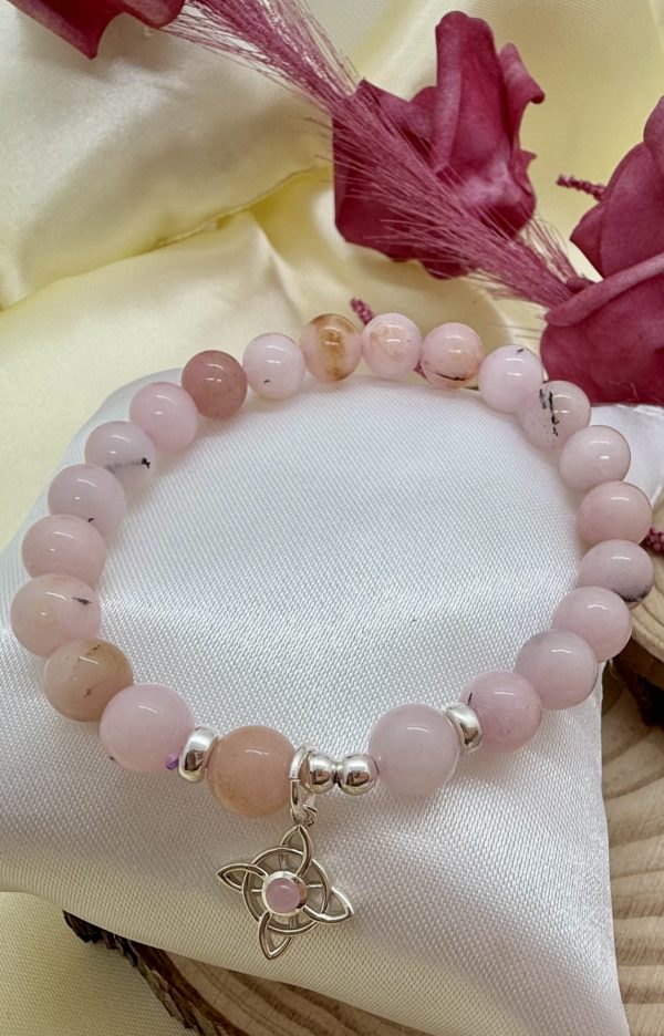 PN 0029 - Foto1 Pulsera Ópalo Rosado 8 mm con Plata Nudo Bruja con engarce de Cuarzo Rosa