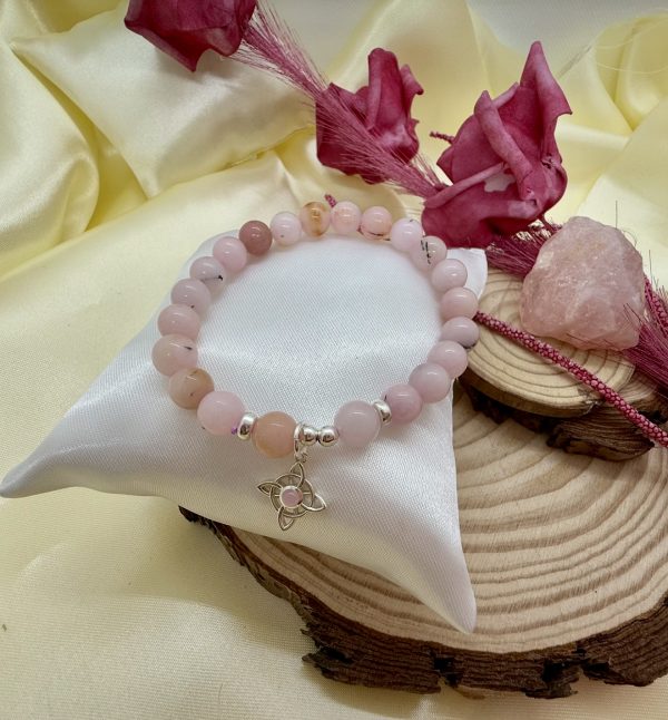 PN 0029 - Foto3 Pulsera Ópalo Rosado 8 mm con Plata Nudo Bruja con engarce de Cuarzo Rosa