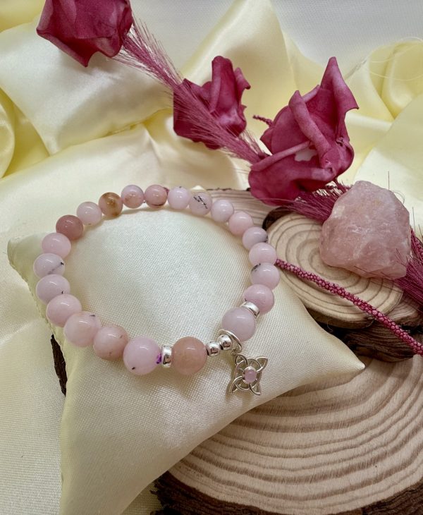 PN 0029 - Foto4 Pulsera Ópalo Rosado 8 mm con Plata Nudo Bruja con engarce de Cuarzo Rosa