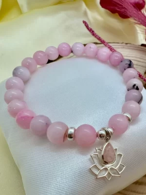 Pulsera Jaspe Rosa 8 mm con Plata Flor de Loto