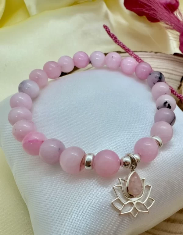 PN 0030 - Foto 1 Pulsera Jaspe Rosa 8 mm con Plata Flor de Loto