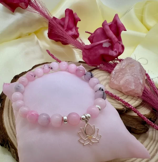 PN 0030 - Foto 2 Pulsera Jaspe Rosa 8 mm con Plata Flor de Loto