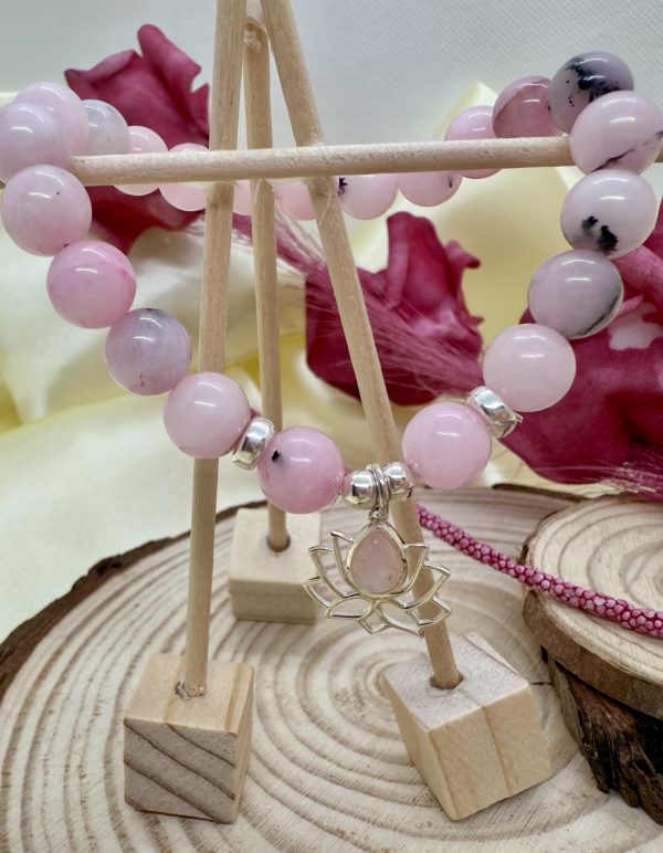 PN 0030 - Foto 5 Pulsera Jaspe Rosa 8 mm con Plata Flor de Loto
