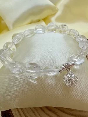 Pulsera Cristal Cuarzo 10 mm con Plata Llamador de Ángeles