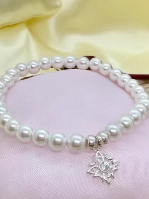 Pulsera de Perlas de Nacar 6mm con Plata Nudo de Bruja